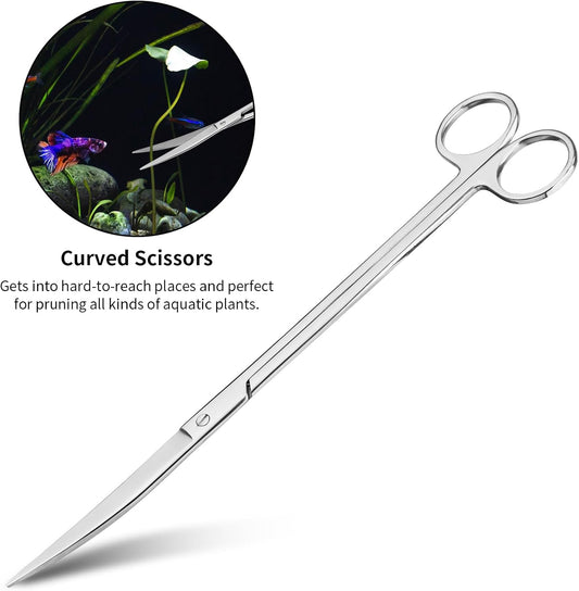 Ohtomber aquarium scissors trimming live aquatic plants in a fish tank.