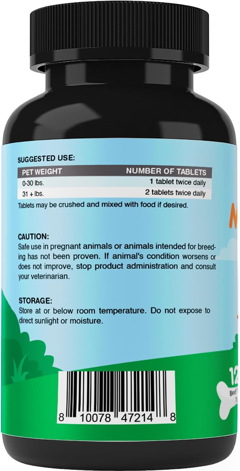 Close up of Vitamatic 120 chewable tablets bottle for dog stress relief during fireworks.