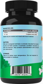 Close up of Vitamatic 120 chewable tablets bottle for dog stress relief during fireworks.