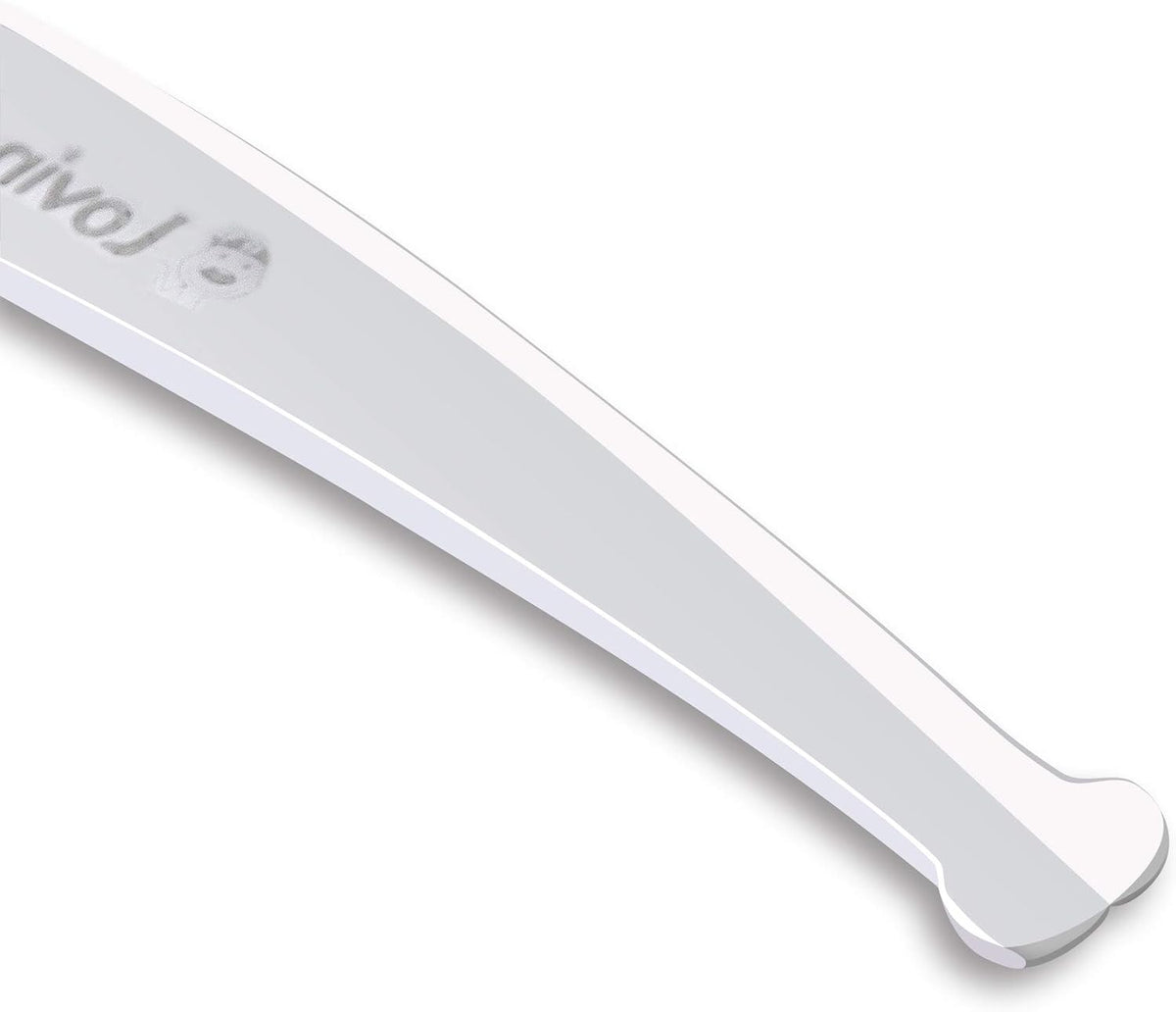 Close up view of the safety round tips on LovinPet curved grooming shears for dogs and cats.