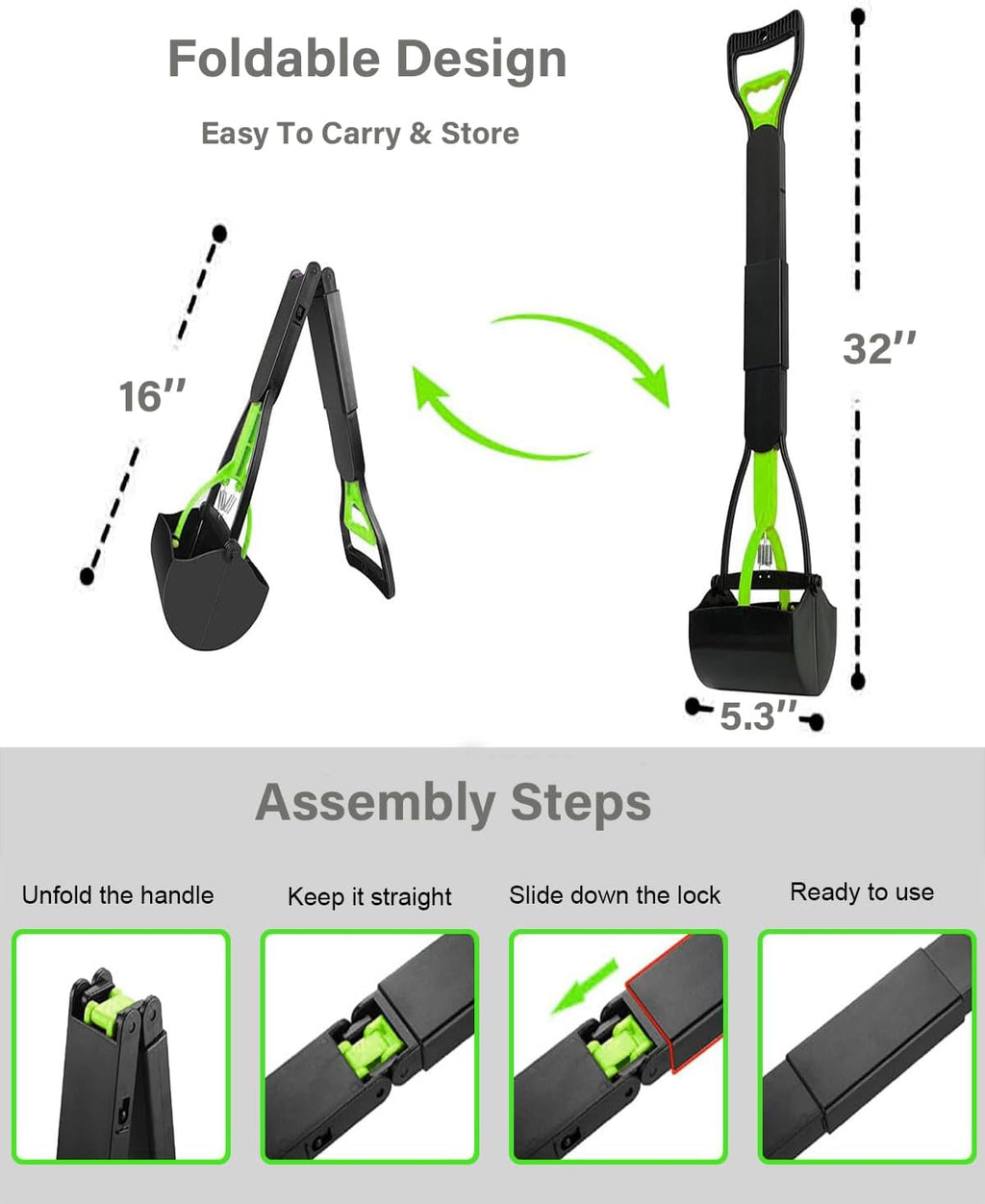 Collapsible hinges showing how the pet scooper folds down for storage
