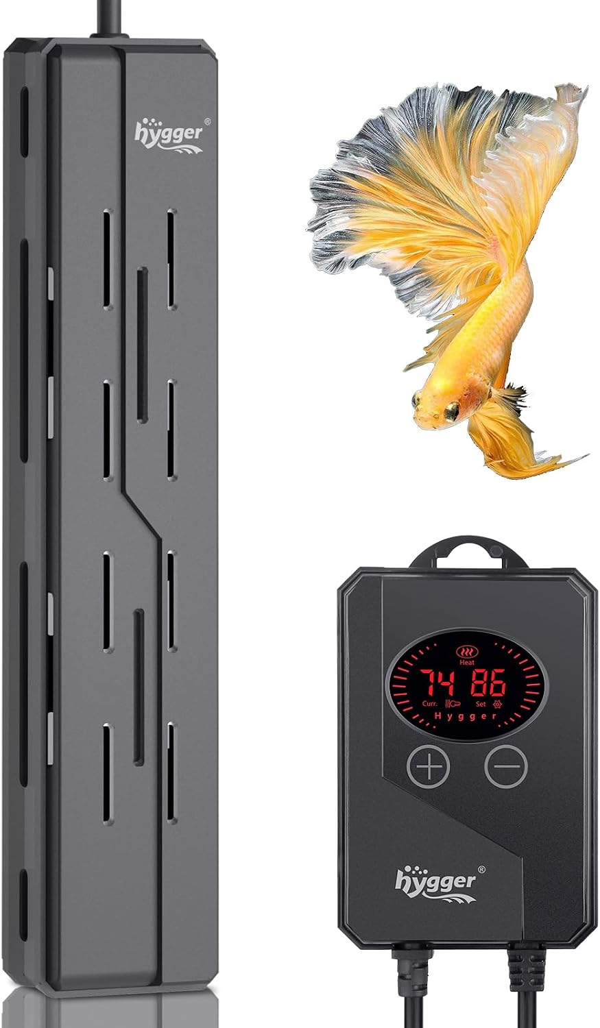 Hygger 500W aquarium heater front view with digital display