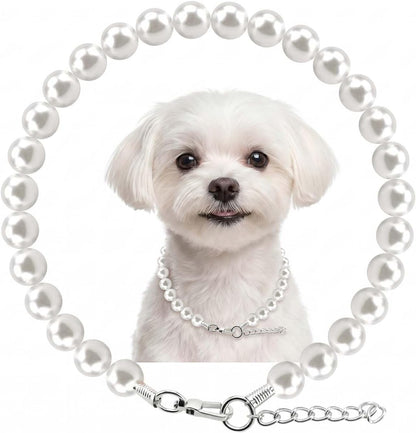 Hujnagh white dog pearl necklace front view on a small puppy
