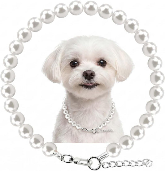 Hujnagh white dog pearl necklace front view on a small puppy