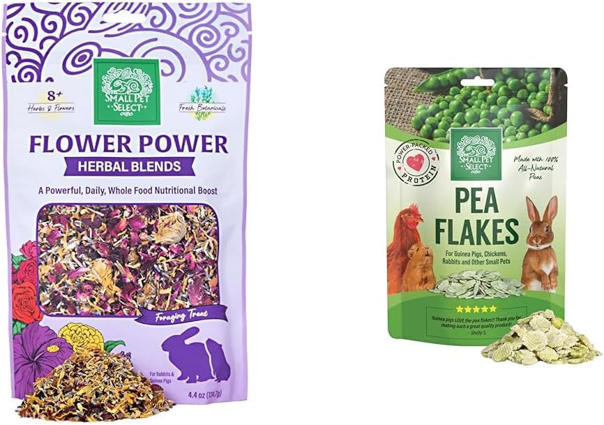 Small Pet Select vegetable flakes package next to a clean pet feeding bowl.