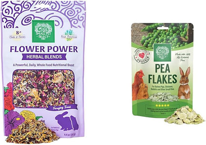 Small Pet Select vegetable flakes package next to a clean pet feeding bowl.