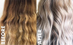 Close up view of the Hair Bar NYC Blond Plex dust free violet bleach powder package and included application mixing brush.