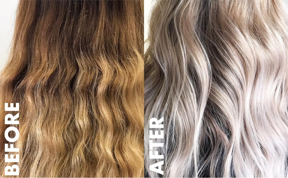 Close up view of the Hair Bar NYC Blond Plex dust free violet bleach powder package and included application mixing brush.