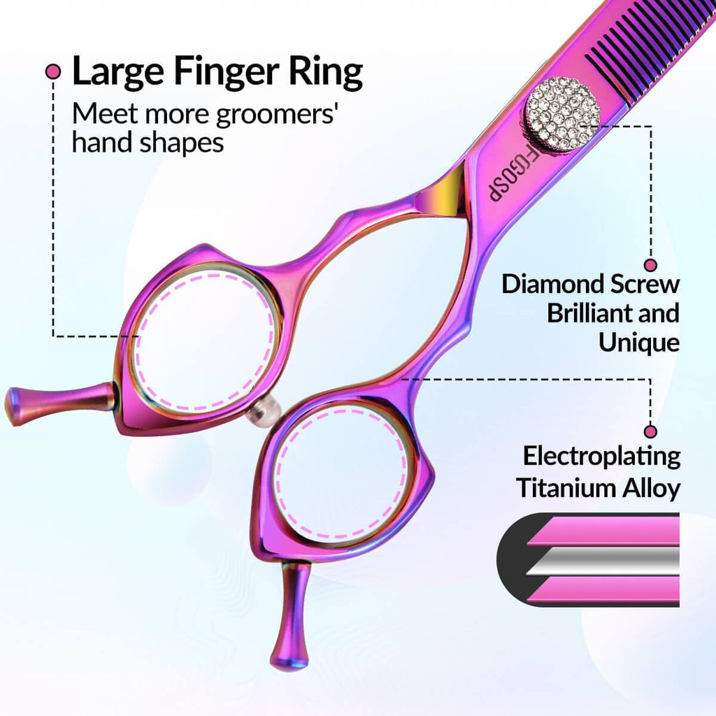 Professional dog blending scissors demonstrating precision coat thinning action