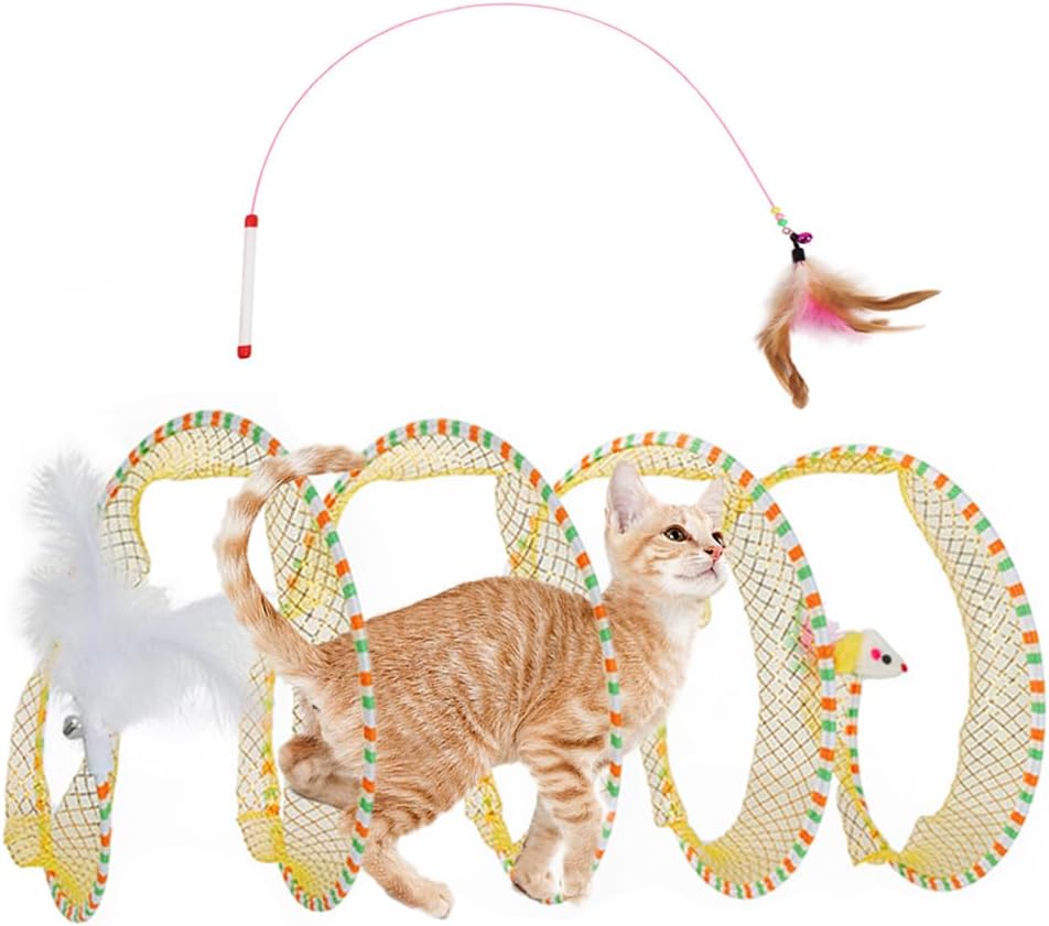 Spiral Tunnel Cat Toy, 25.59 Inches Unfolded with Cat Wand Self Play Collapsible, Hunting Spiral Tunnel with Feather Mouse Toys and Bell for Indoor Kitten Play Chase Exercise (Blue) - Image 9