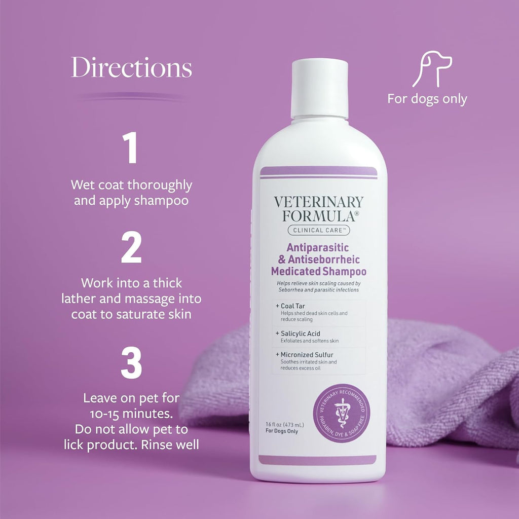 Veterinary Formula medicated dog shampoo packaging highlights and benefits