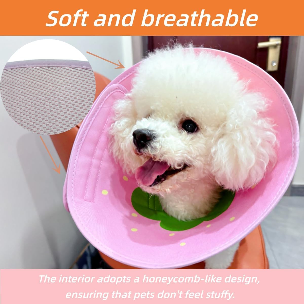 Comfortable strawberry pattern dog e-collar acting as a pillow
