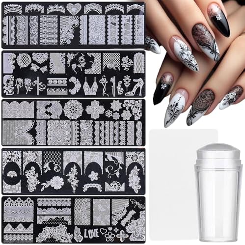 Molilon 5 Piece Lace Nail Stamping Plate Set with tools
