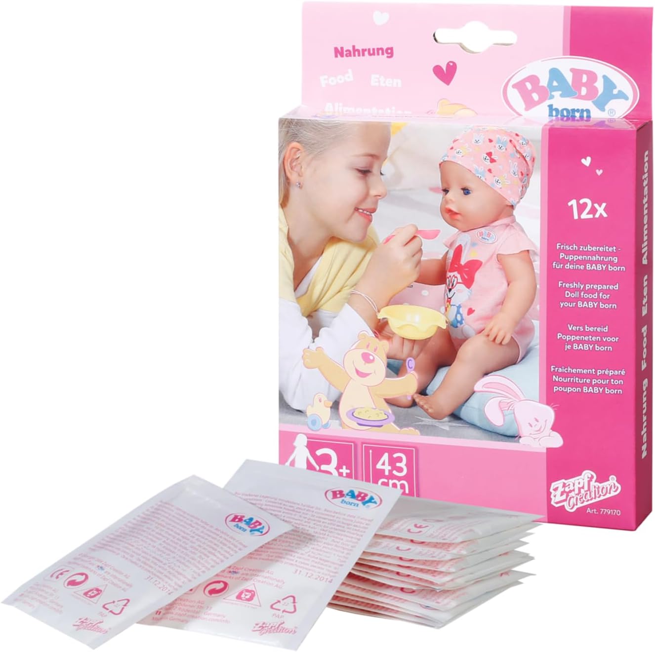 BABY Born doll food sachets twelve pack packaging front view showing colorful design