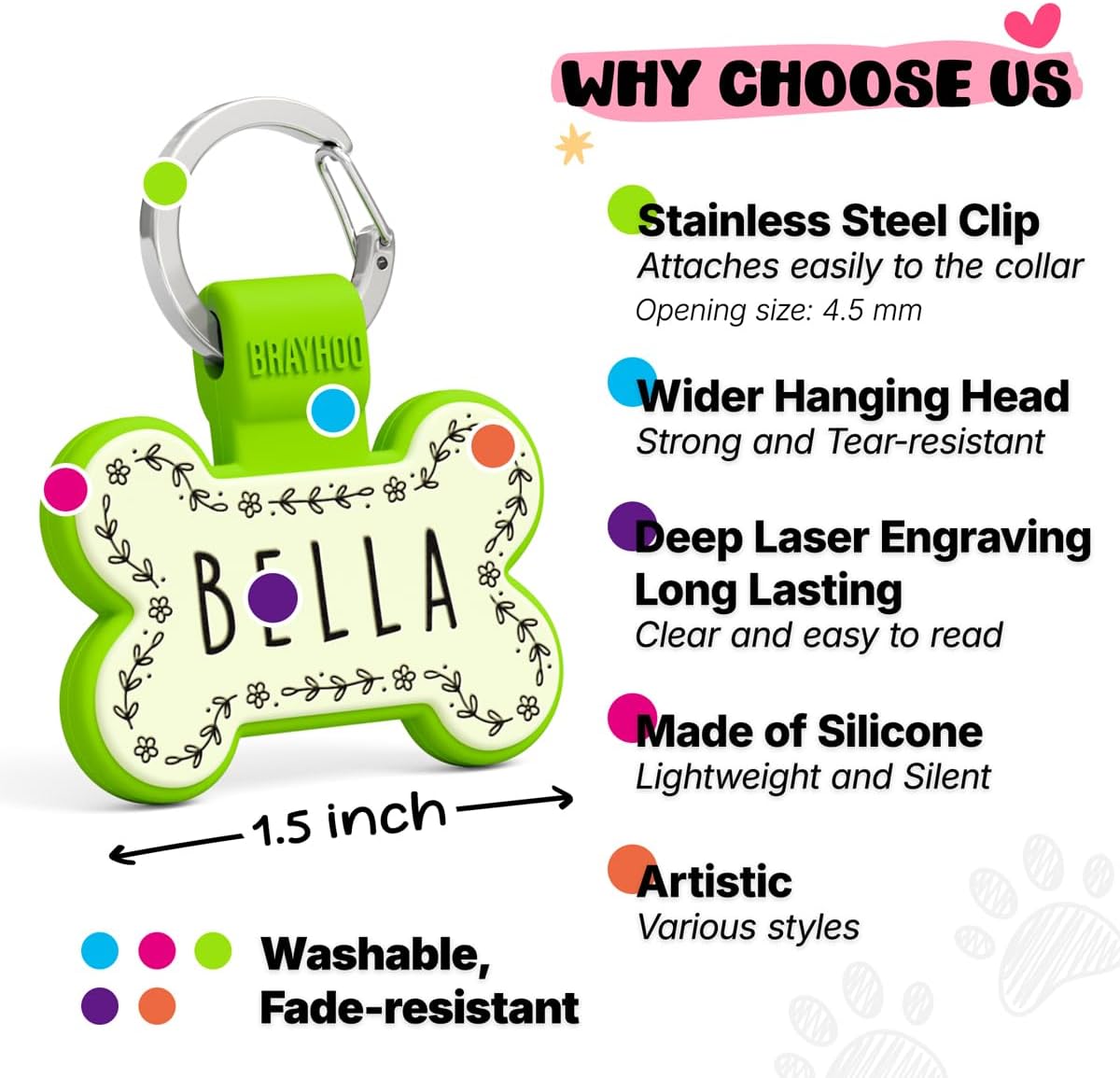 Lightweight noiseless pet ID collar tag with stainless steel attachment clip close up.