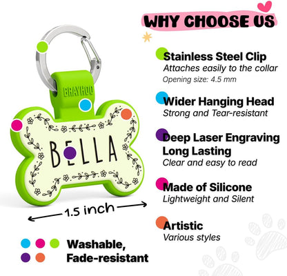 Lightweight noiseless pet ID collar tag with stainless steel attachment clip close up.