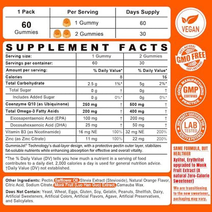 Supplement facts label on the back of NEVISS ultra Co Q-10 dietary supplement bottle.