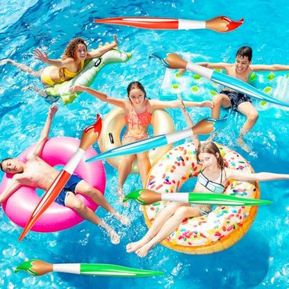 Oversized colorful paintbrush balloons arranged neatly to show the full six piece event decoration set.