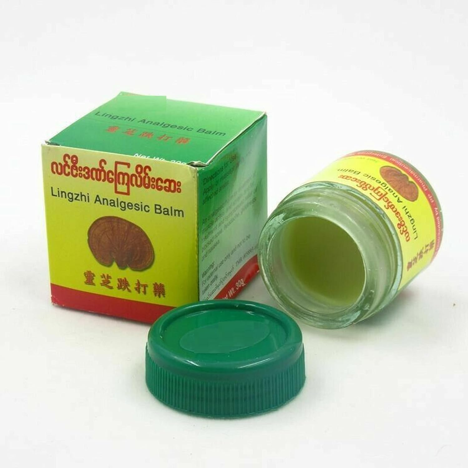 HANI PO Lingzhie Green Balm 30 grams front view showing Myanmar script packaging.