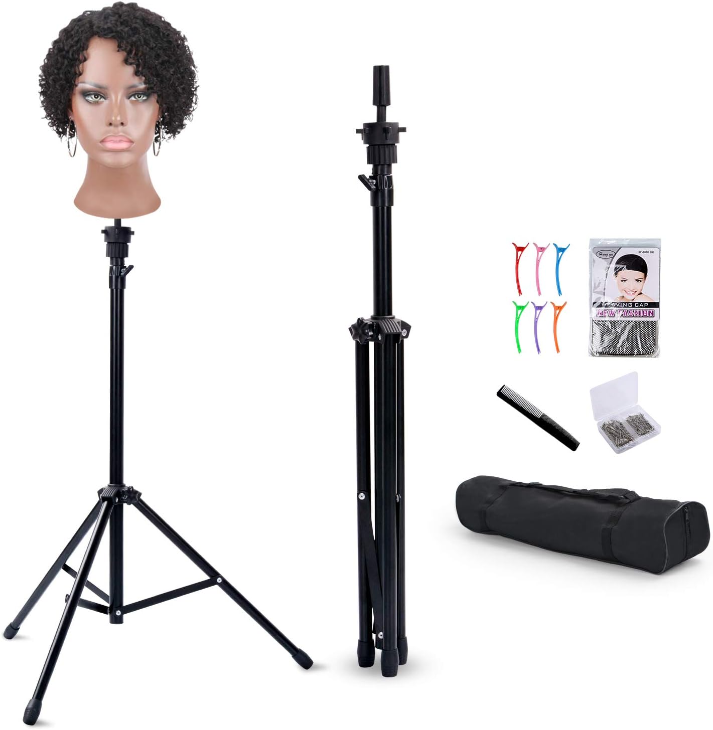 Klvied reinforced wig stand tripod front view with adjustable metal legs