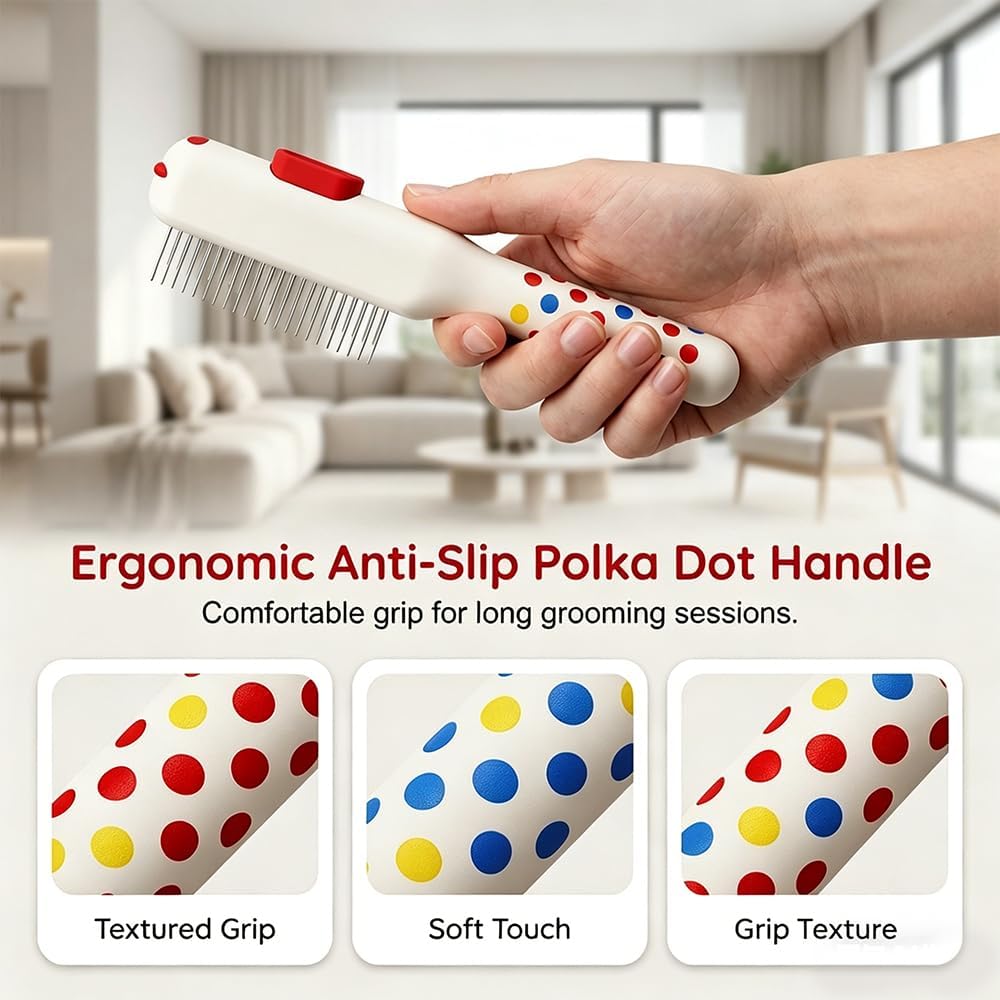 Ergonomic handle pet brush being used for indoor grooming on long hair small animals