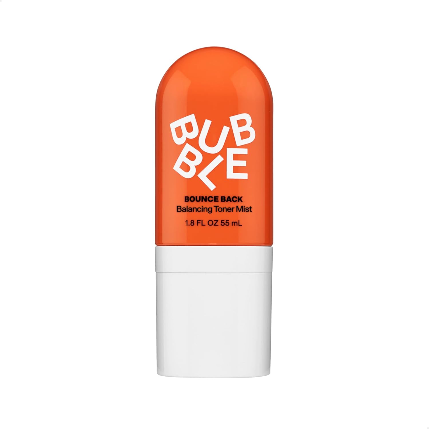 Bubble Skincare Bounce Back Hydrating Toner Spray 55ml front view showing the bright orange cap and white bottle.