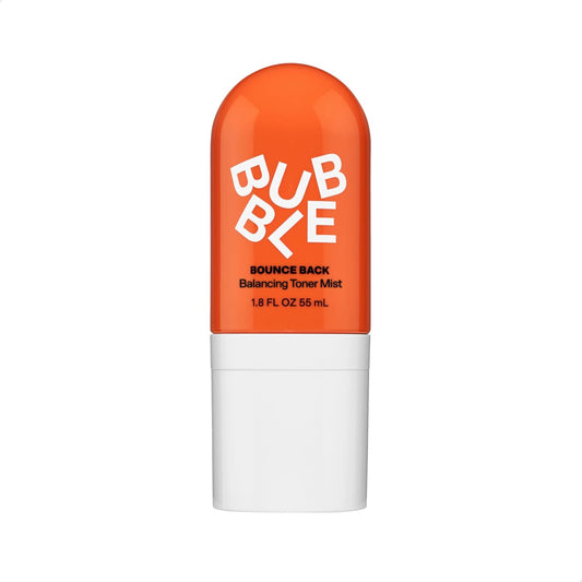 Bubble Skincare Bounce Back Hydrating Toner Spray 55ml front view showing the bright orange cap and white bottle.