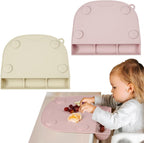 PandaEar suction silicone placemat pink and linen front view on table