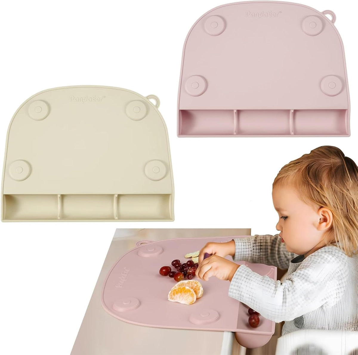 PandaEar suction silicone placemat pink and linen front view on table