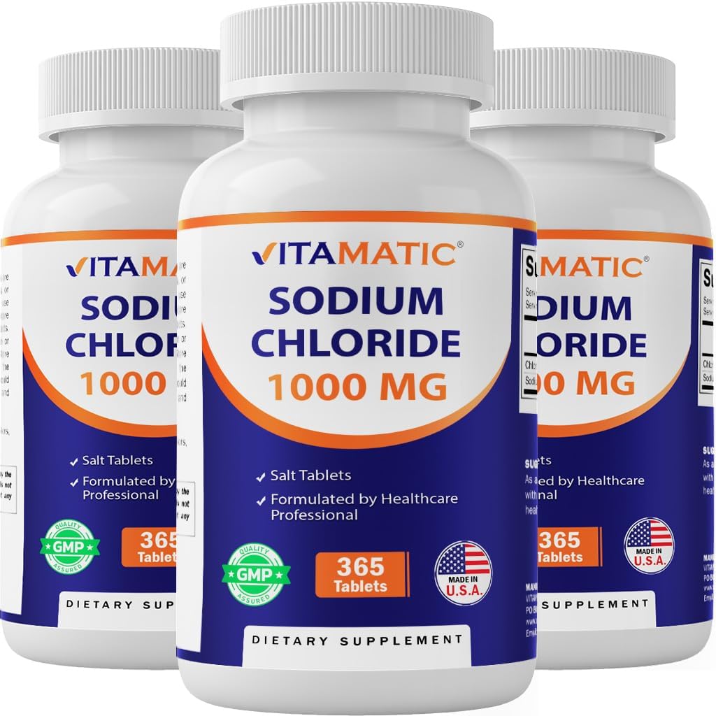 Vitamatic Sodium Chloride 1000mg front view of bottle for electrolyte replenishment