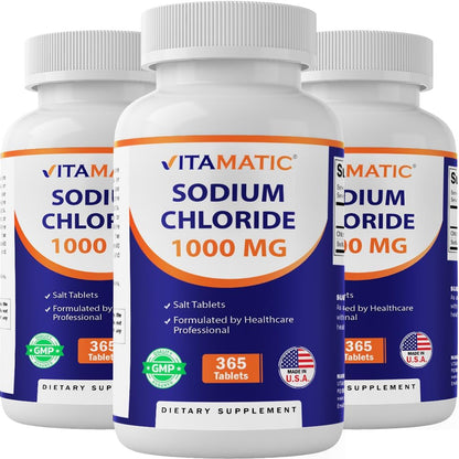 Vitamatic Sodium Chloride 1000mg front view of bottle for electrolyte replenishment