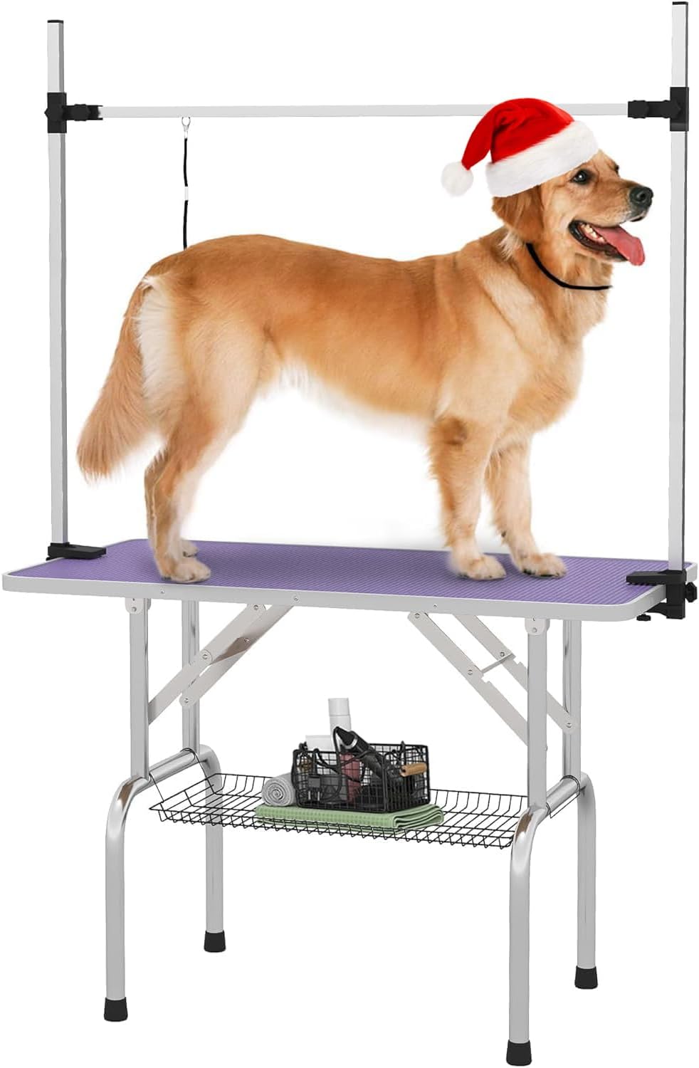 Pet Dog Grooming Table, Foldable Stainless Steel Pet Drying Grooming Table Up to 330lbs, Professional Bathing Desk for Dogs at Home with Adjustable Overhead Arms, Noose, Mesh Tray, 42''/Pink - Image 10