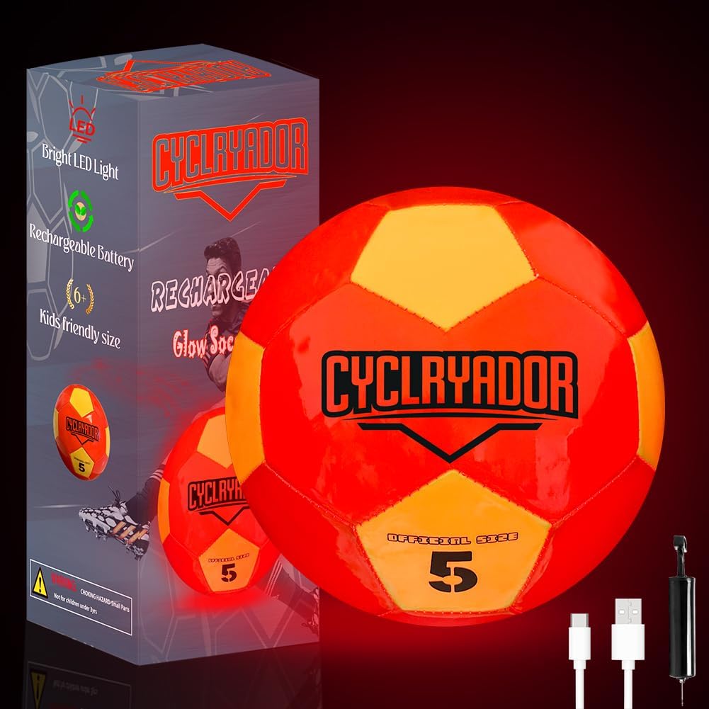 Cyclryador Rechargeable Glow in the Dark Soccer Ball front view highlighting illuminated green light emitting diodes during a nighttime match.