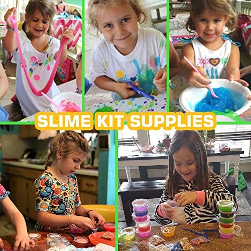 Assorted colorful pre-made slime containers arranged with foam balls and fruit slice decorations