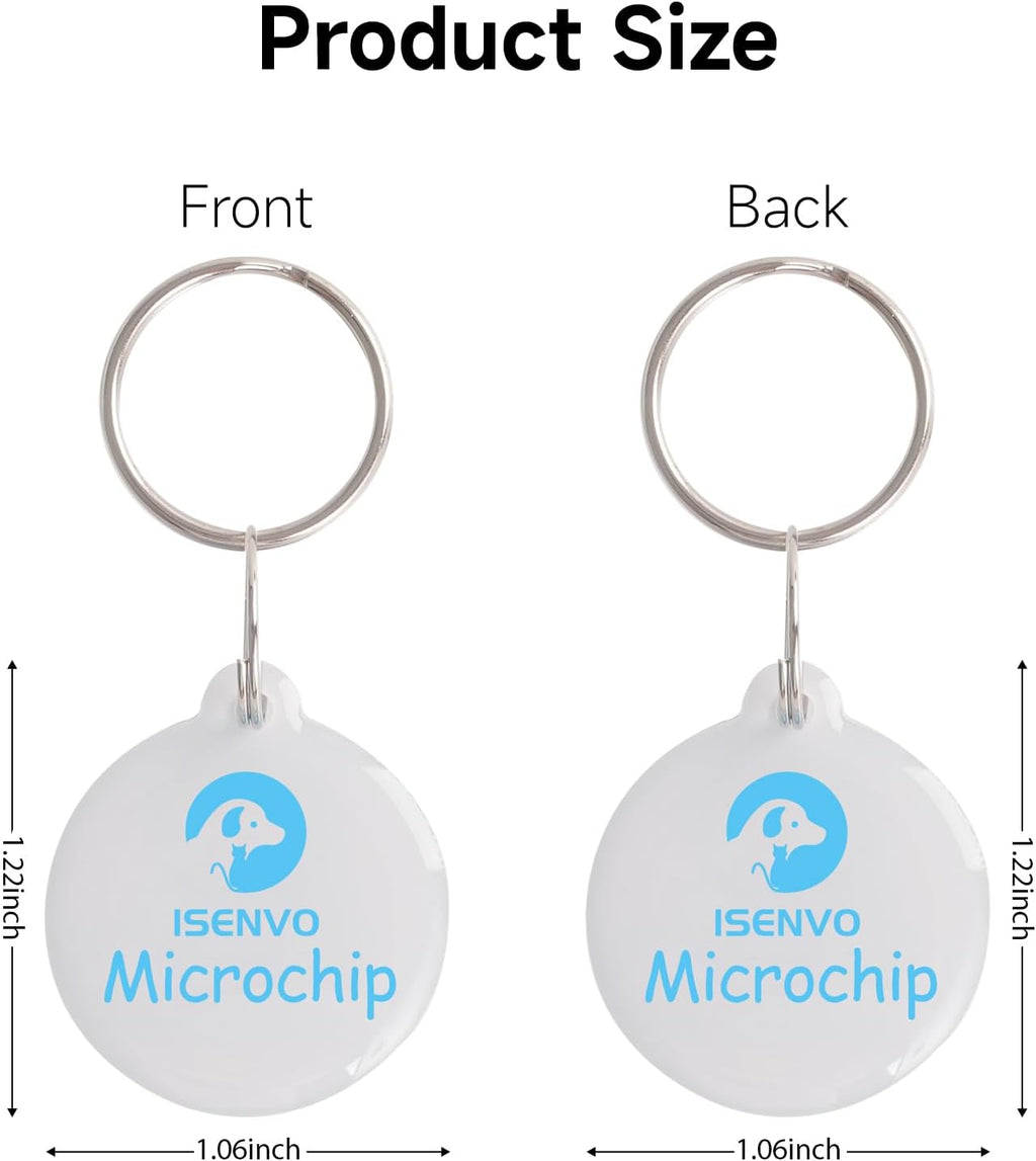 Close up of smart pet feeder tags with blue logo and included stainless steel rings