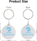 Close up of smart pet feeder tags with blue logo and included stainless steel rings