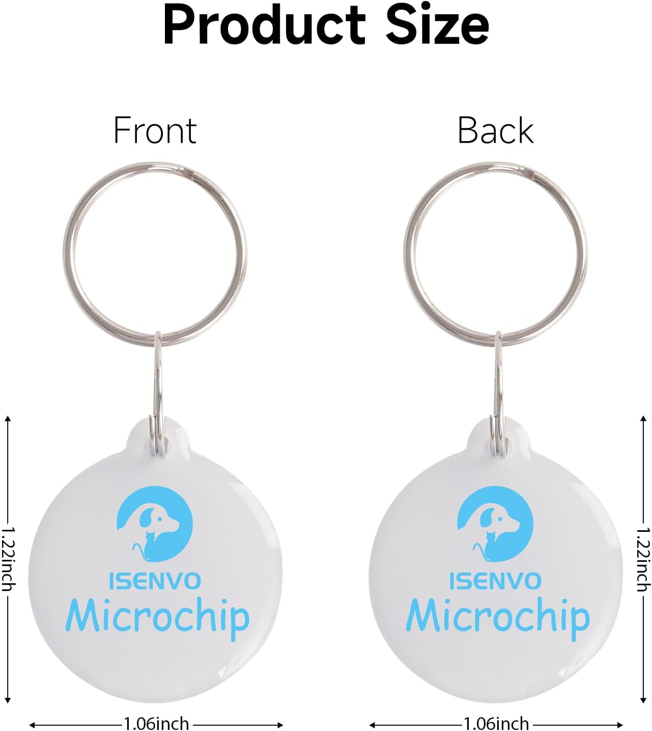 Close up of smart pet feeder tags with blue logo and included stainless steel rings