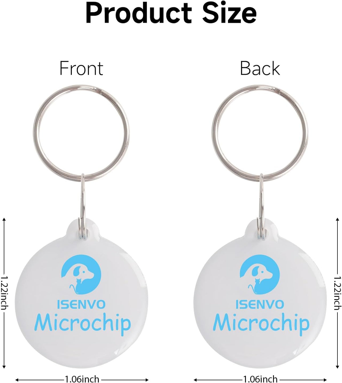 Close up of smart pet feeder tags with blue logo and included stainless steel rings