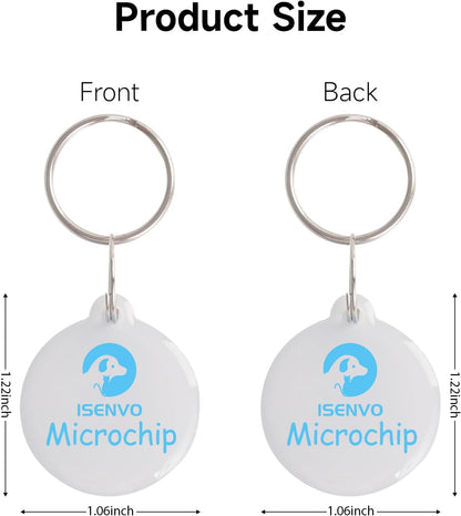 Close up of smart pet feeder tags with blue logo and included stainless steel rings
