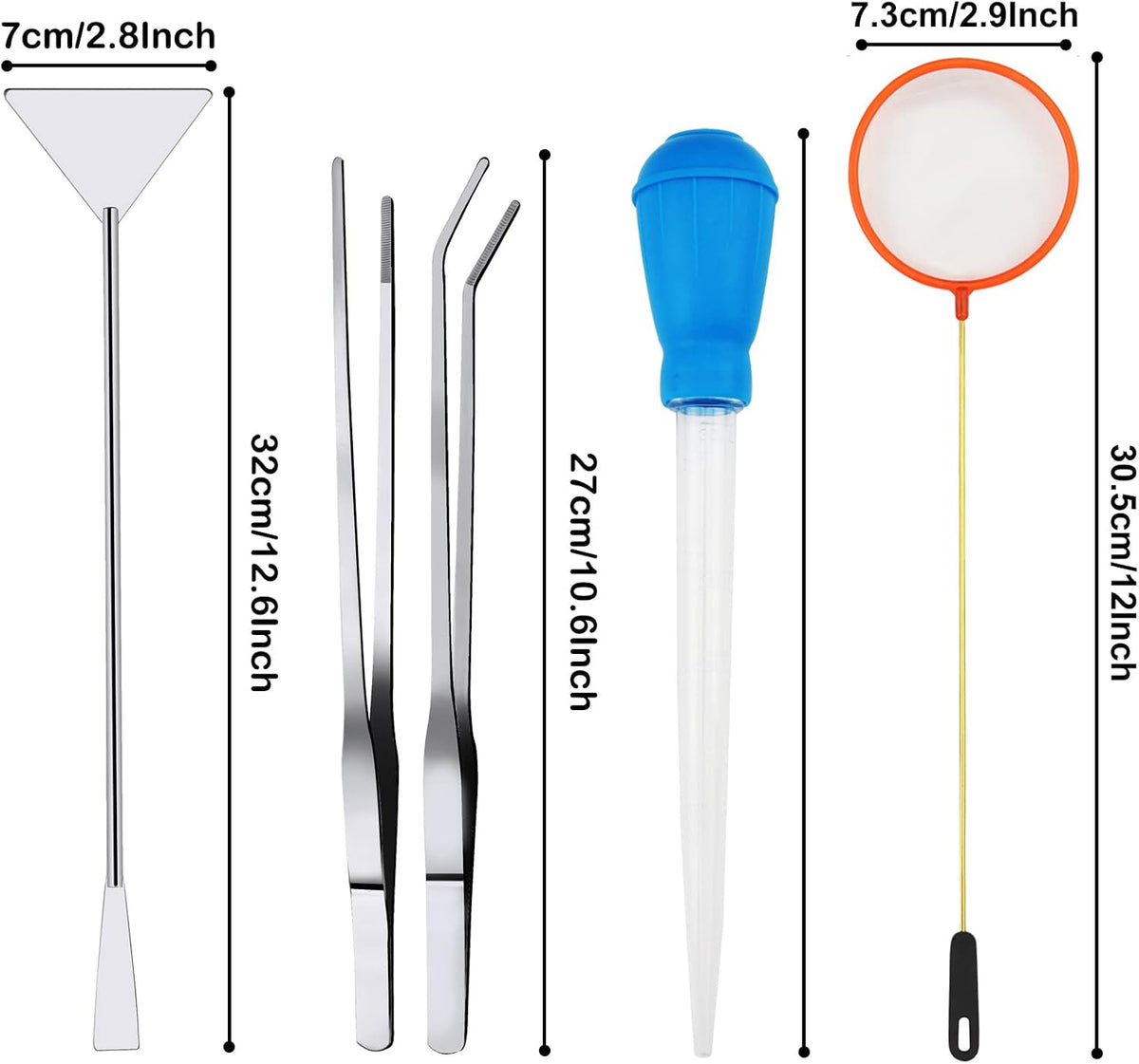 Stainless steel aquascaping straight and curved tweezers for precise plant handling.