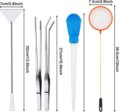 Stainless steel aquascaping straight and curved tweezers for precise plant handling.