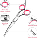 Stainless steel pet thinning shears with safety round tips close up
