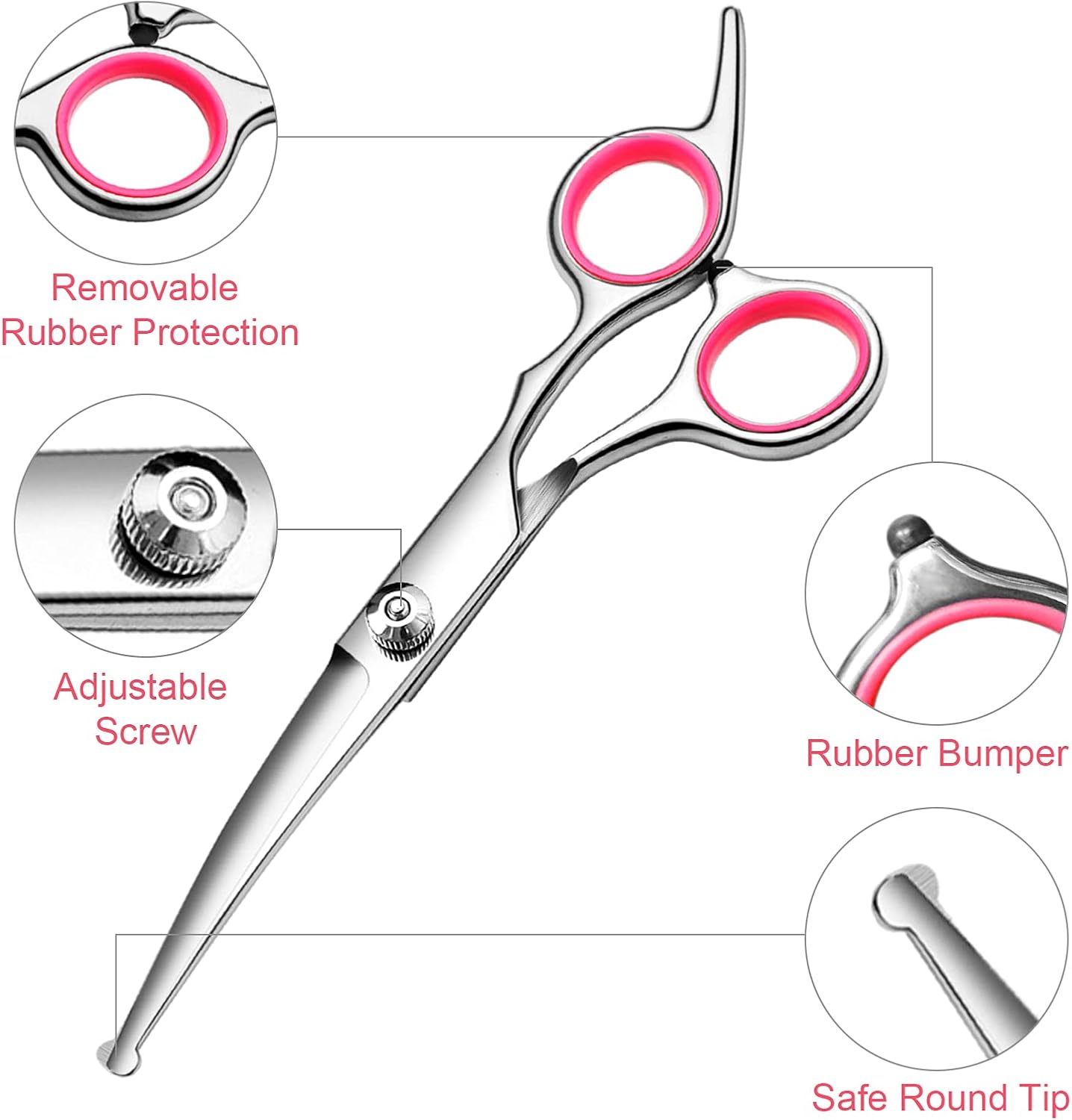 Stainless steel pet thinning shears with safety round tips close up