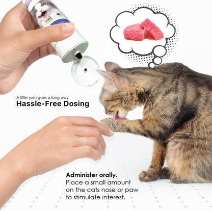 Authentic USA sourced LaxaCat cat laxative gel applied to a paw for easy licking.