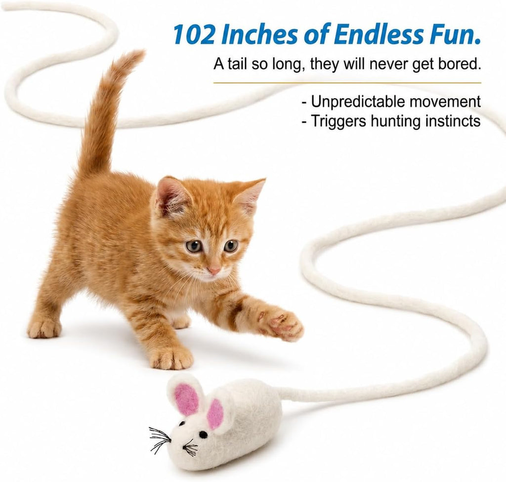 Glaciart One interactive catnip toy with a long stretchable tail extended on the floor