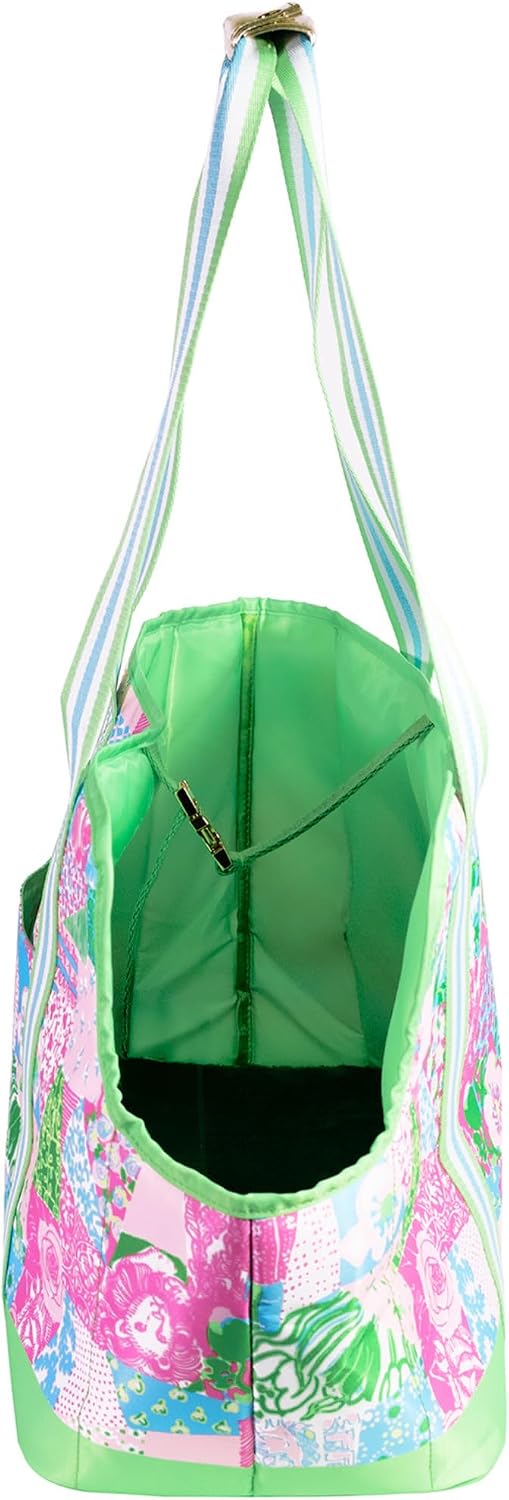 Lilly Pulitzer Small Pet Carrier with Removable Padded Insert, Shoulder Straps, 60 lb Capacity, Open-Top with Gold Buckle Closure & Safety Clip, and Exterior Pocket (Crazy Quilt Home) - Image 3