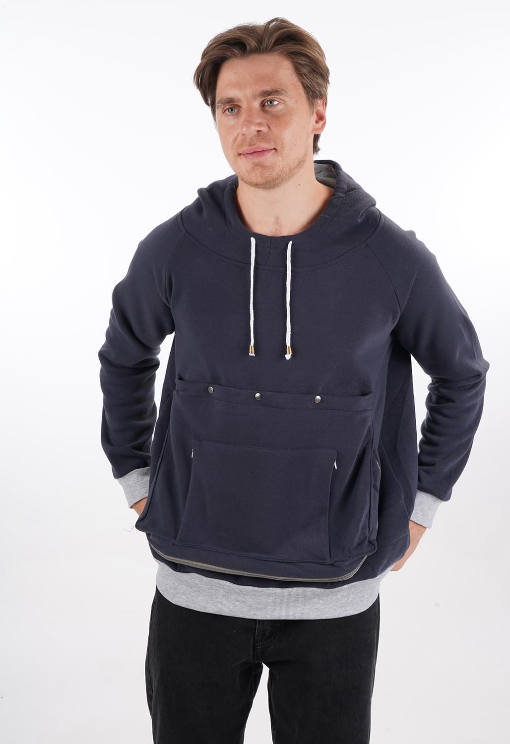 Close-up of the premium long-sleeve winter hoodie stitching and secure pet pouch design.