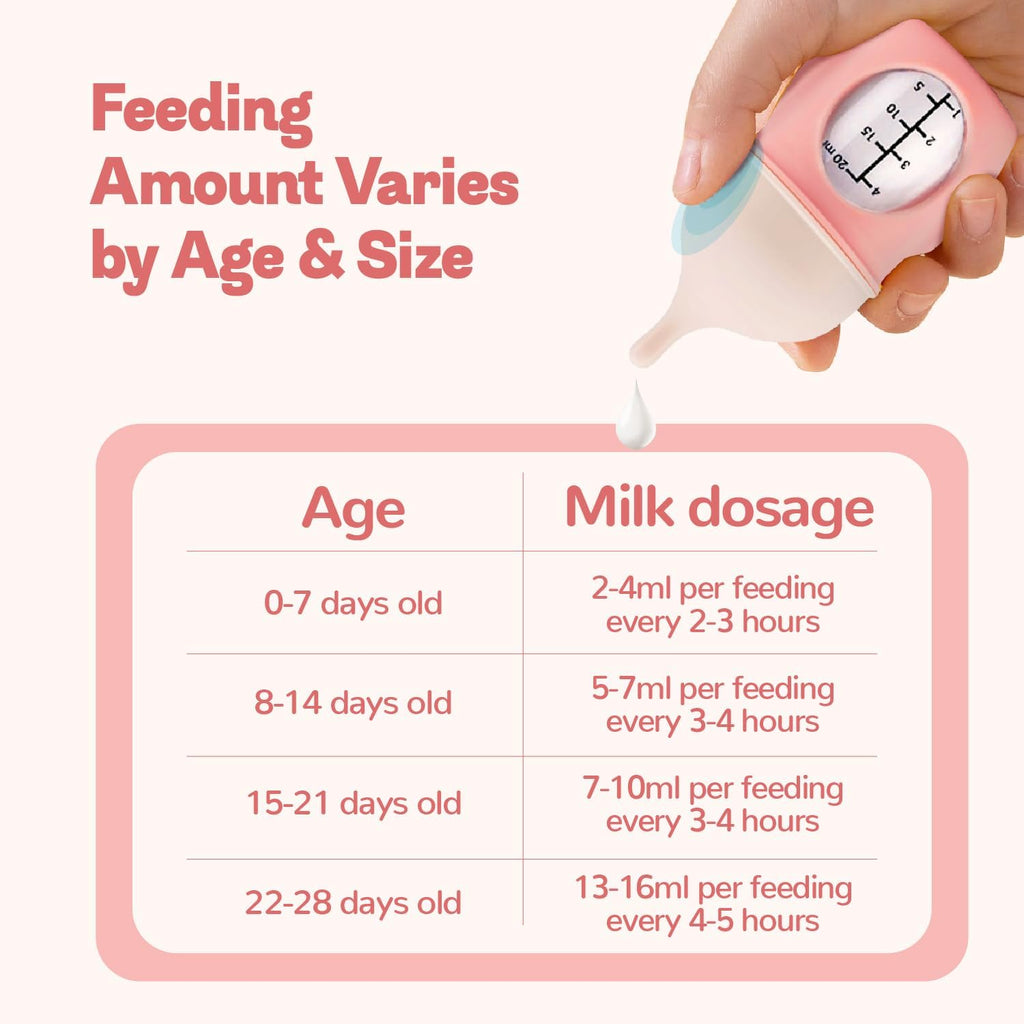 Pink 20ml small animal nurser bottle held securely in hand showing ergonomic grip.