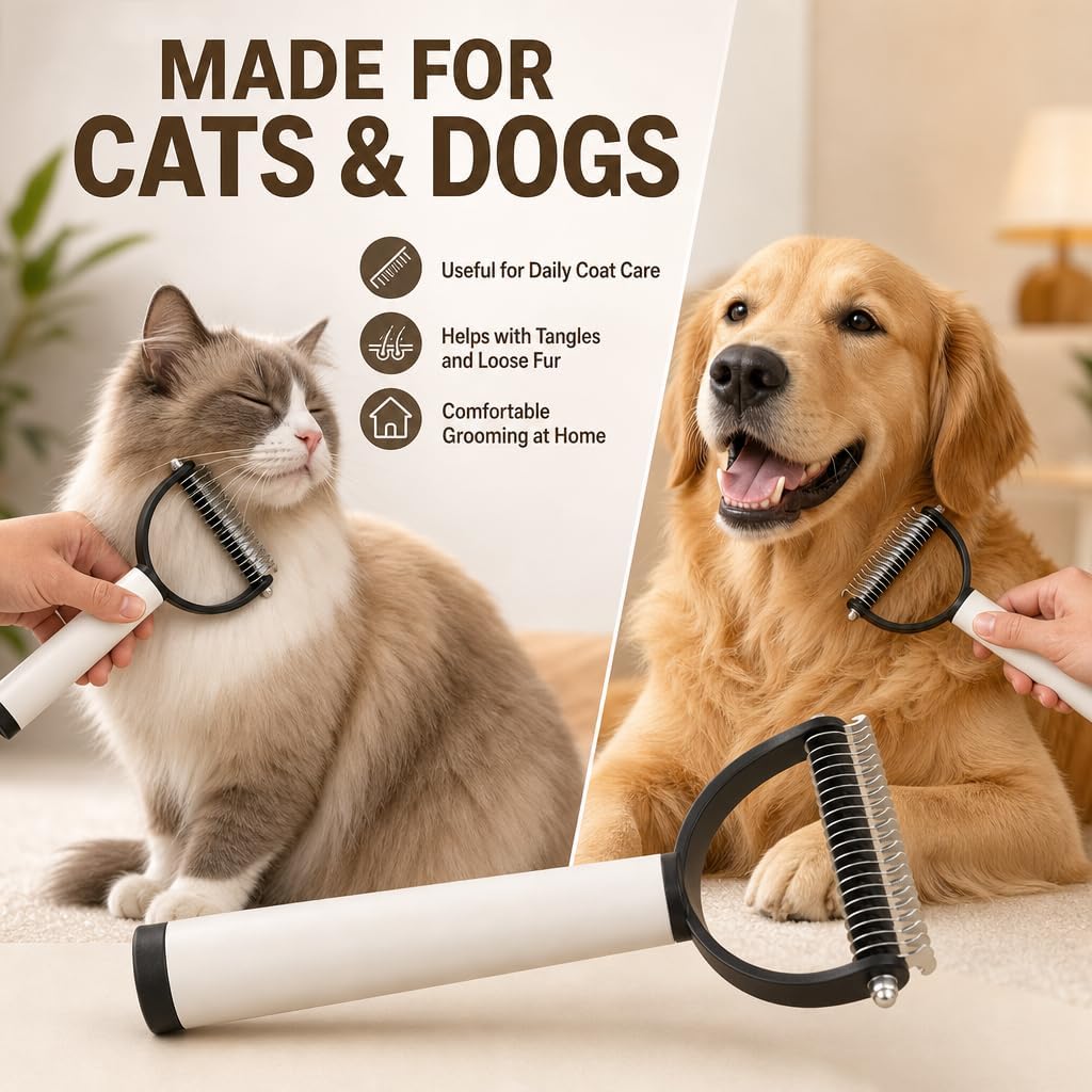 Double sided pet grooming brush with curved stainless steel teeth for dogs and cats