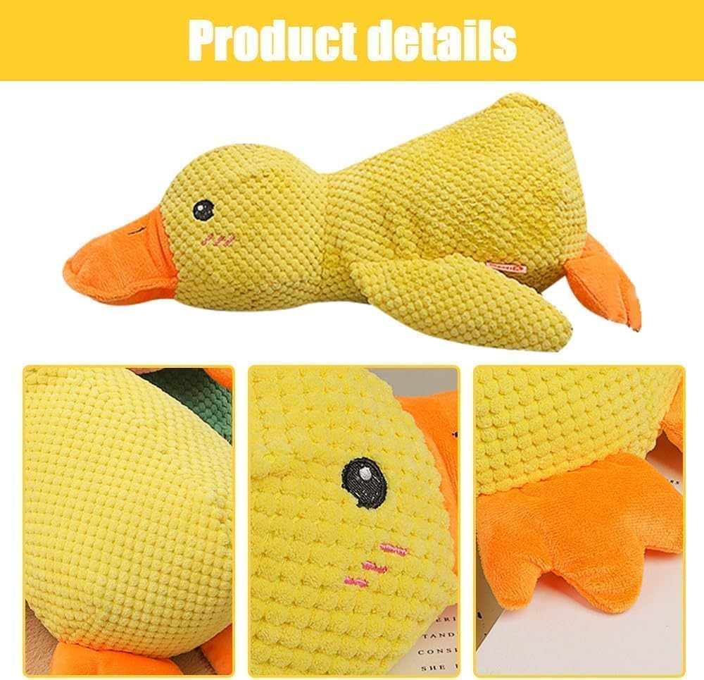 Top view of yellow duck toy showing durable stitching